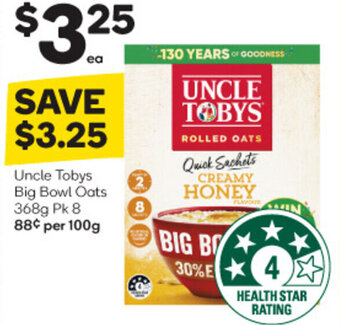 Woolworths Uncle Tobys Big Bowl Oats 368g Pk 8 offer