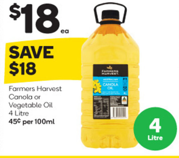 Farmers Harvest Canola or Vegetable Oil 4 Litre offer at Woolworths