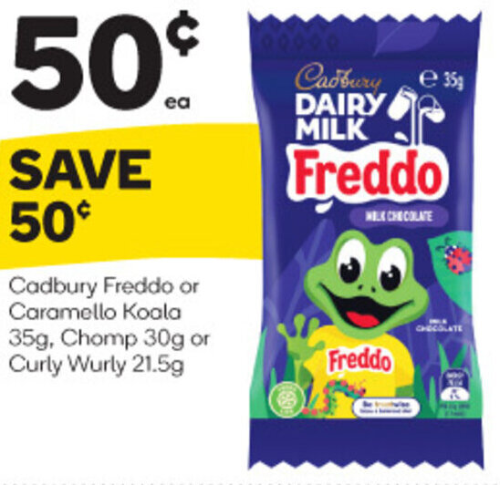 Woolworths Cadbury Freddo or Caramello Koala 35g, Chomp 30g or Curly Wurly 21.5g offer