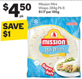 Woolworths Mission Mini Wraps 384g Pk 8 offer