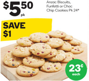 Woolworths Anzac Biscuits, Funfetti or Choc Chip Cookies Pk 24* offer