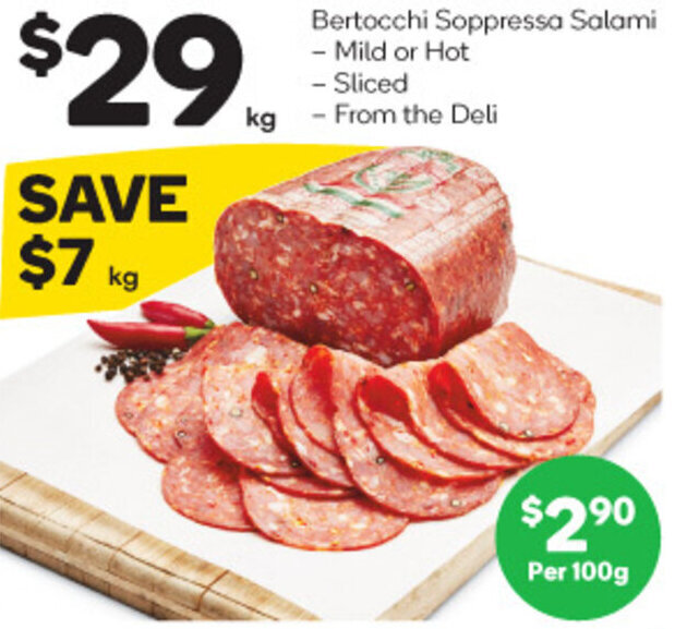 Woolworths Bertocchi Soppressa Salami - Mild or Hot - Sliced offer
