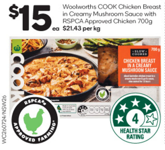 Woolworths COOK Chicken Breast in Creamy Mushroom Sauce with RSPCA Approved Chicken 700g offer