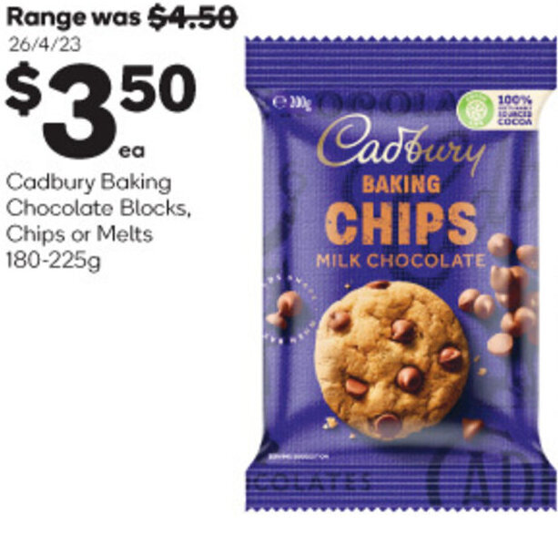 Cadbury Baking Chocolate Blocks, Chips or Melts 180225g offer at