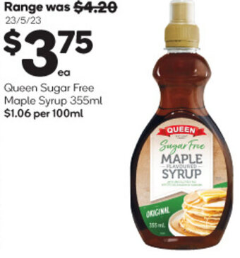 Woolworths Queen Sugar Free Maple Syrup 355ml offer