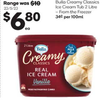 Woolworths Bulla Creamy Classics Ice Cream Tub 2 Litre offer