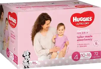 BIG W Huggies ultra dry nappies girl size 4 (10-15kg) 72 pack offer