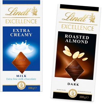 BIG W Lindt excellence extra creamy milk or roasted almond dark chocolate 100g offer