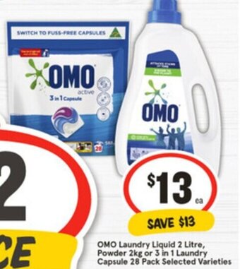 IGA OMO Laundry Liquid 2 Litre, Powder 2kg or 3 in 1 Laundry Capsule 28 Pack Selected Varieties offer