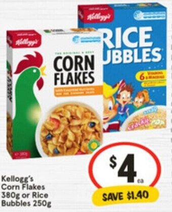 IGA Kellogg's Corn Flakes 380g or Rice Bubbles 250g offer
