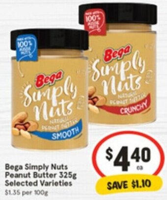 IGA Bega Simply Nuts Peanut Butter 325g offer