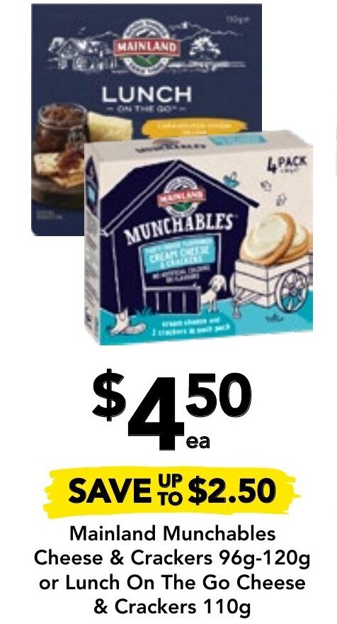 Drakes Mainland Munchables Cheese & Crackers 96g-120g or Lunch On The Go Cheese & Crackers 110g offer