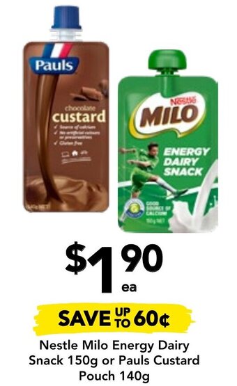 Drakes Nestle Milo Energy Dairy Snack 150g or Pauls Custard Pouch 140g offer