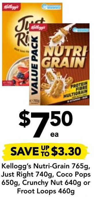 Drakes Kellogg's Nutri-Grain 765g, Just Right 740g, Coco Pops 650g, Crunchy Nut 640g or Froot Loops 460g offer