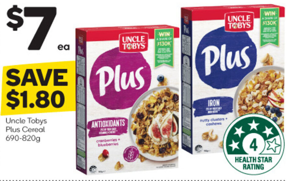 Woolworths Uncle Tobys Plus Cereal 690-820g offer