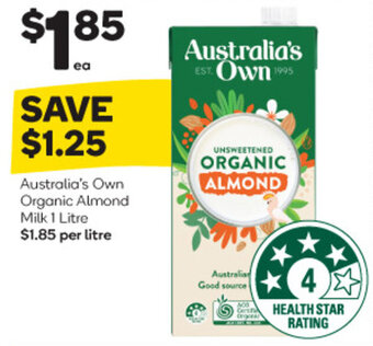Woolworths Australia's Own Organic Almond Milk 1 Litre offer