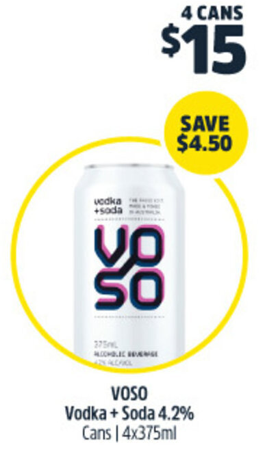 Woolworths voso Vodka + Soda 4.2% Cans | 4x375ml offer