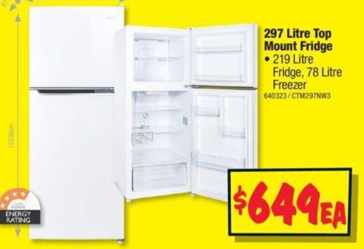 JB Hi-Fi 297 Litre Top Mount Fridge • 219 Litre Fridge, 78 Litre Freezer offer