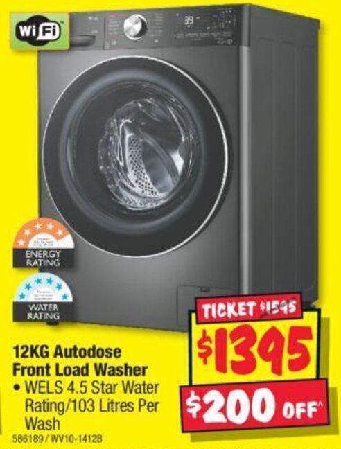 JB Hi-Fi 12KG Autodose Front Load Washer •WELS 4.5 Star Water Rating/103 Litres Per Wash offer