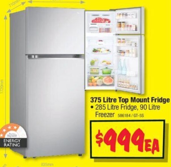 375 Litre Top Mount Fridge • 285 Litre Fridge, 90 Litre Freezer offer