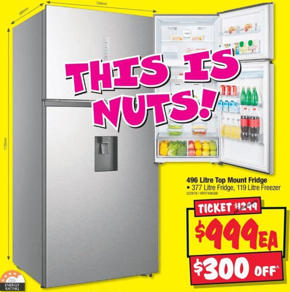 496 Litre Top Mount Fridge • 377 Litre Fridge, 119 Litre Freezer offer