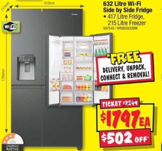 632 Litre WiFi Side by Side Fridge • 417 Litre Fridge, 215 Litre