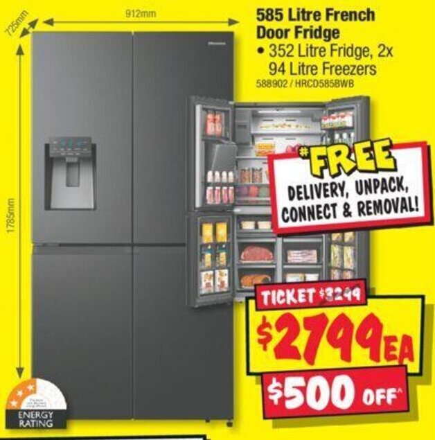 585 Litre French Door Fridge • 352 Litre Fridge, 2x 94 Litre Freezers