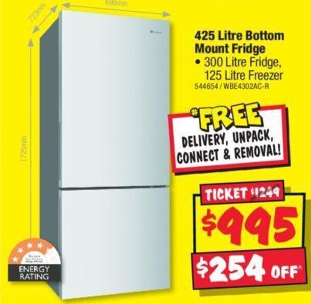 425 Litre Bottom Mount Fridge • 300 Litre Fridge, 125 Litre Freezer