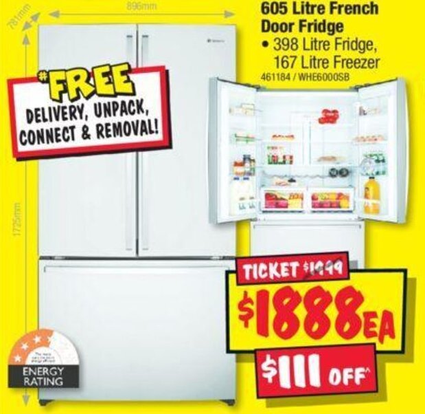 605 Litre French Door Fridge • 398 Litre Fridge, 167 Litre Freezer