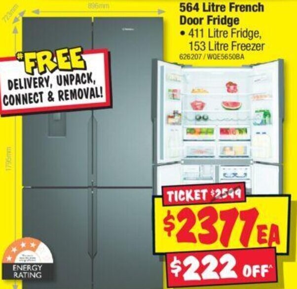 JB Hi-Fi 564 Litre French Door Fridge • 411 Litre Fridge, 153 Litre Freezer offer