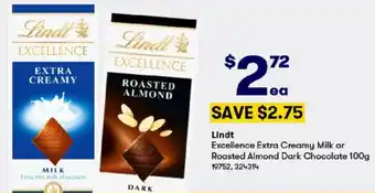 BIG W Lindt Excellence Extra Creamy Milk or Roasted Almond Dark Chocolate 100g offer