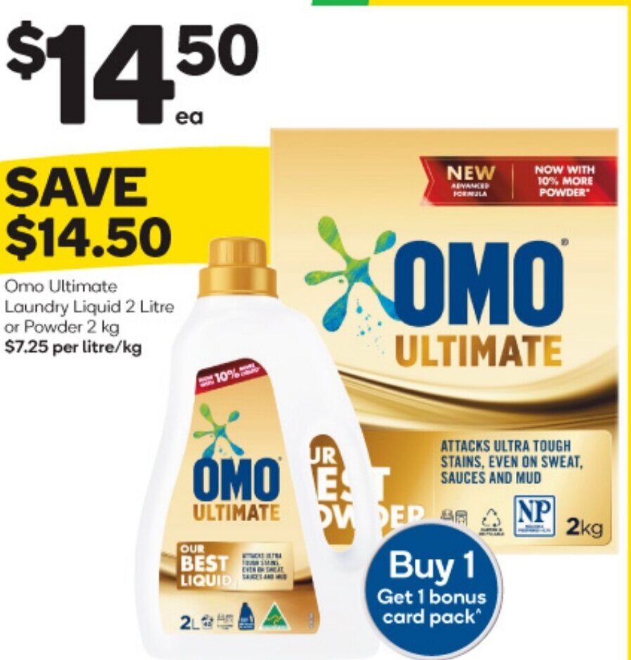 BIG W Omo Ultimate Laundry Liquid 2 Litre or Powder 2 kg offer
