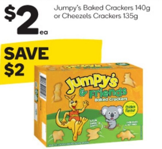 BIG W Jumpy's Baked Crackers 140g or Cheezels Crackers 135g offer
