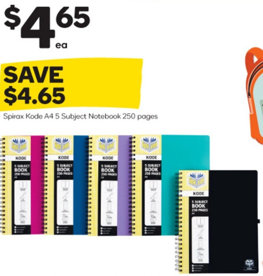 BIG W Spirax Kode A4 5 Subject Notebook 250 pages offer