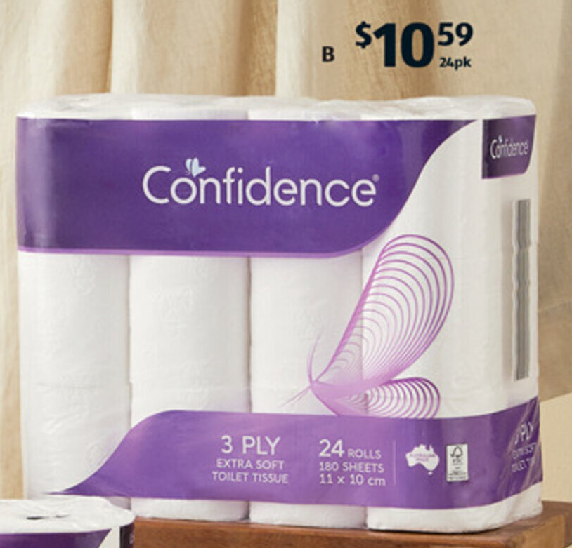 B Confidence Toilet Tissue 3ply Extra Soft 24pk offer at ALDI