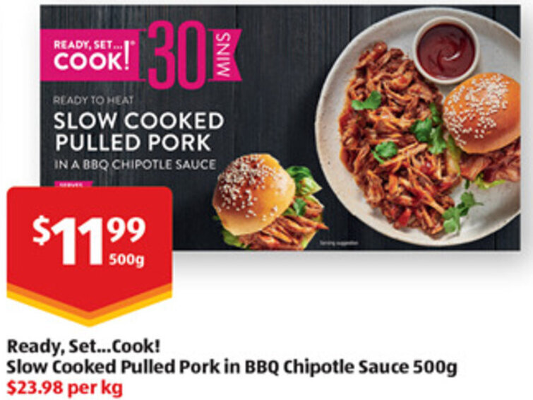 Ready Set.Cook Slow Cooked Pulled Pork in BBQ Chipotle Sauce 500g offer at ALDI