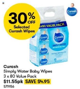 BIG W Curash Simply Water Baby Wipes 3 x 80 Value Pack offer