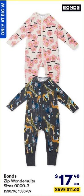 BIG W Bonds Zip Wondersuits Sizes 0000-3 offer