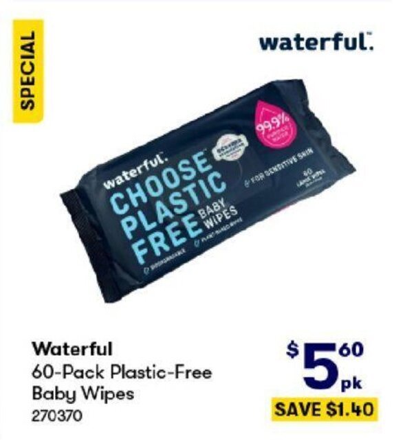 Waterful 60Pack PlasticFree Baby Wipes offer at BIG W