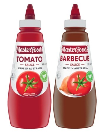 Masterfoods squeezy tomato or barbeque sauce 475ml-500ml