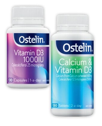 Coles Ostelin calcium & vitamin d3 tablets or vitamin d3 1000iu capsules 130 pack^ offer