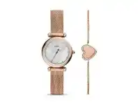 Bevilles Jewellery Fossil Carlie Mini Three-Hand Rose Gold Watch & Bracelet Gift Set ES4867SET offer