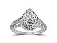 Bevilles Jewellery Brilliant Halo Pear Ring with 1/4ct of Diamonds in 9ct White Gold - L offer