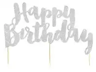 The Party People Shop Cake Topper - Glitter Silver, Happy Birthday offer