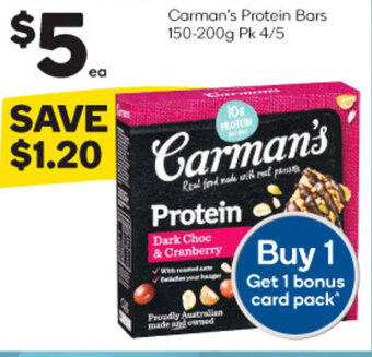 Woolworths Carman's Protein Bars 150-200g Pk 4/5 offer