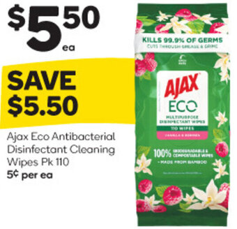 Woolworths Ajax Eco Antibacterial Disinfectant Cleaning Wipes Pk 110 offer