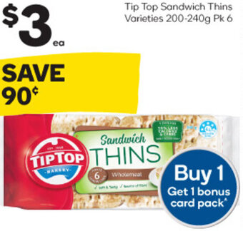 Woolworths Tip Top Sandwich Thins Varieties 200-240g Pk 6 offer