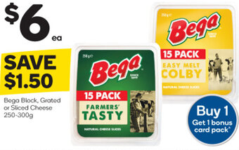 Woolworths Bega Block, Grated or Sliced Cheese 250-300g offer
