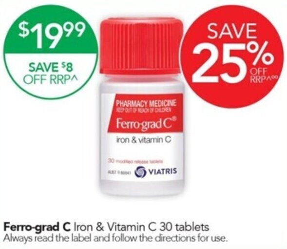 Ferrograd C Iron & Vitamin C 30 tablets offer at Terry White