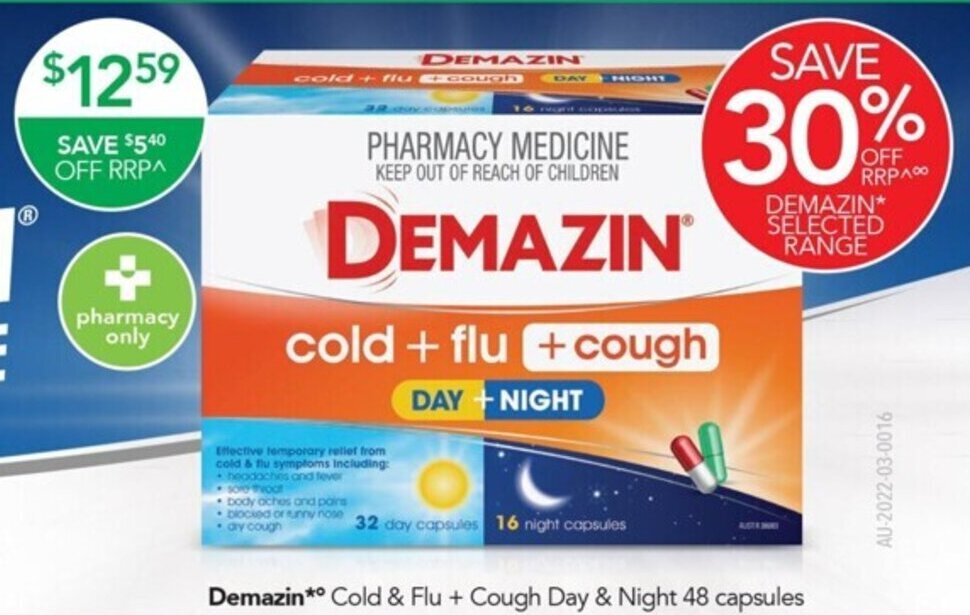 Demazin*° Cold & Flu + Cough Day & Night 48 capsules offer at Terry White